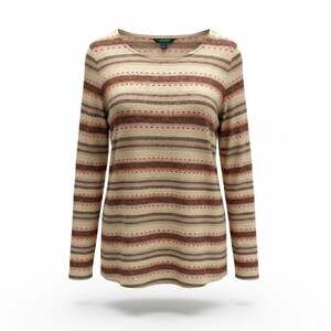 Lauren Ralph Lauren Women's 100% Linen Tan and Brown Striped Pullover Sweater 2X